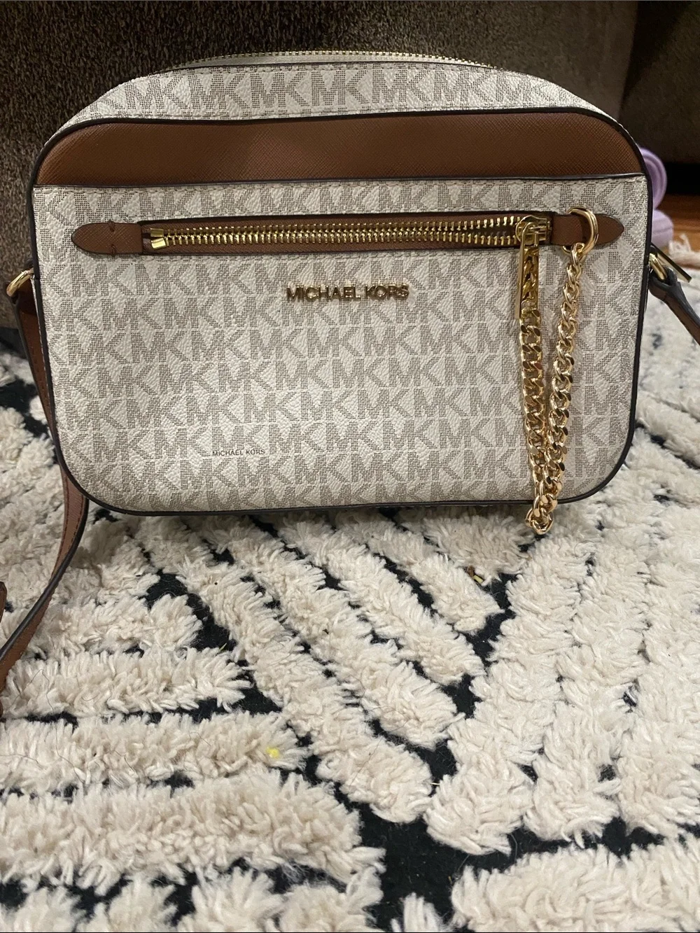 Michael Kors Signature MK Logo Crossbody in Brown and Vanilla with Gold Chain